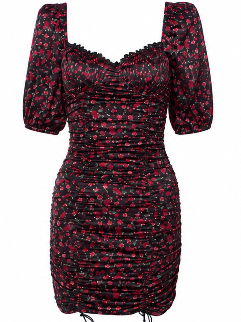 For Love & Lemons Melrose Dress Satin Black Floral Ruched Puff Sleeve XXS
